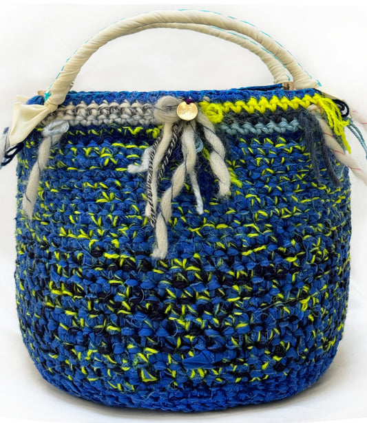 Bud.ハンドメイドバッグ　青　ブル０ー　メランジェ　イエロー　前　フロント　バケツ型